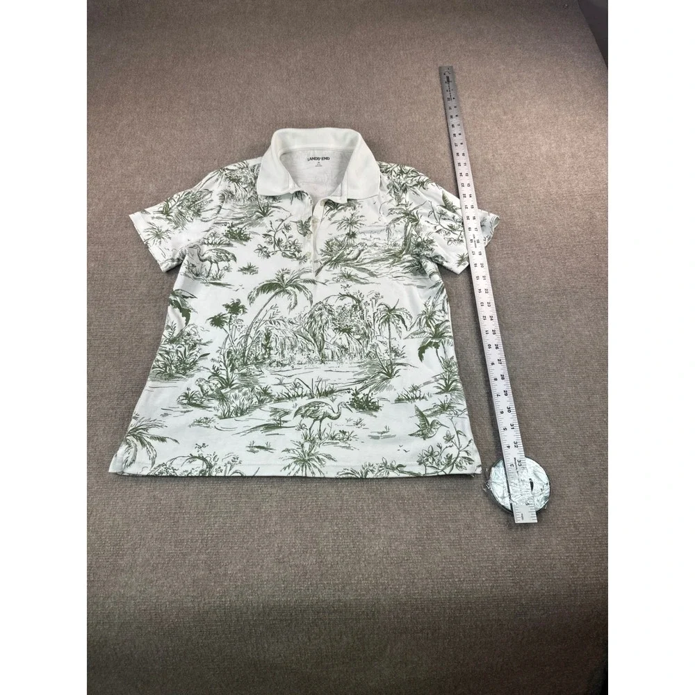 Lands End Womens Green White Tropical Toile Polo Shirt M 10-12 Palm Bird Cotton